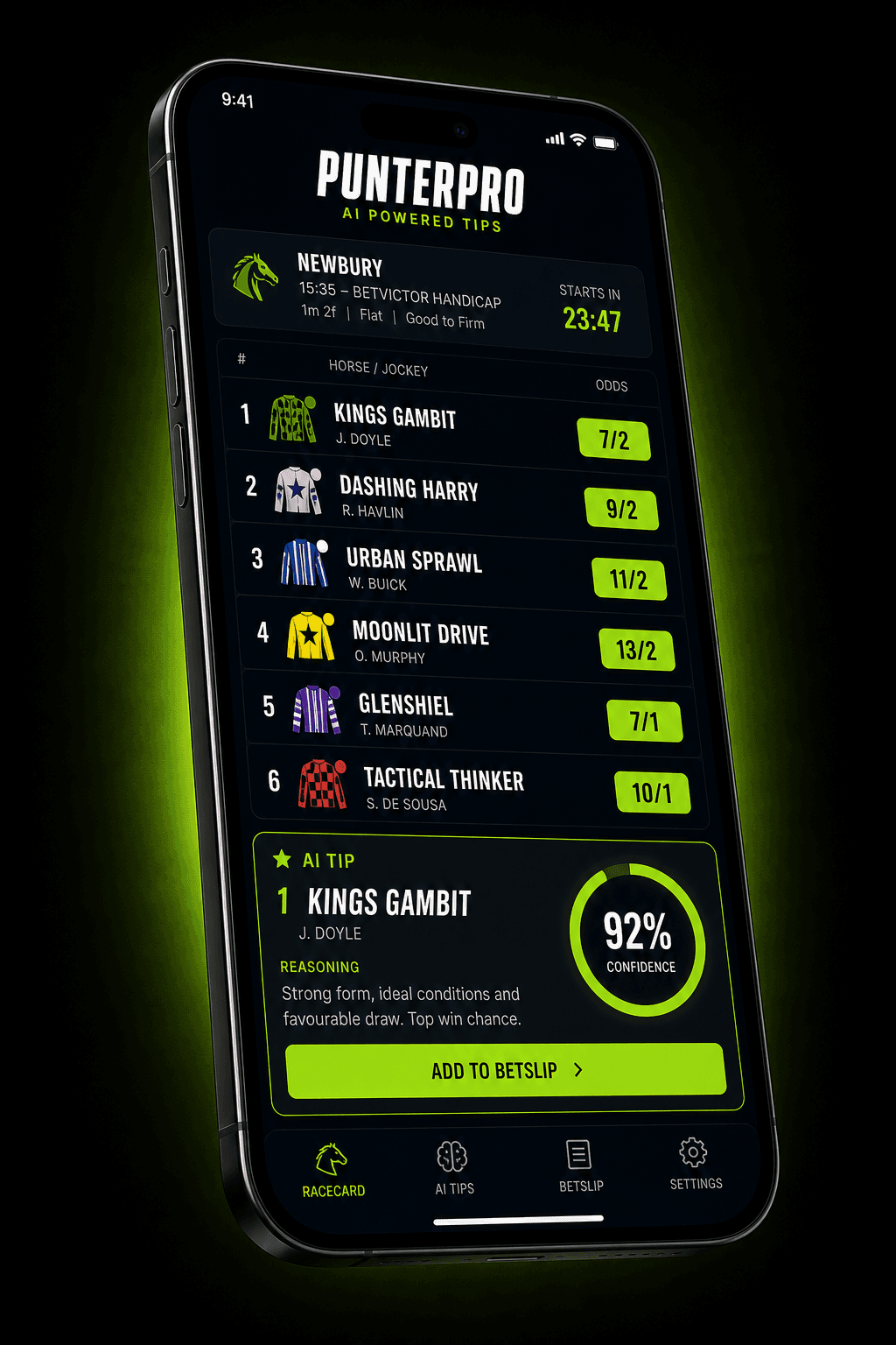 PunterPro app showing a racecard with AI tip and confidence score