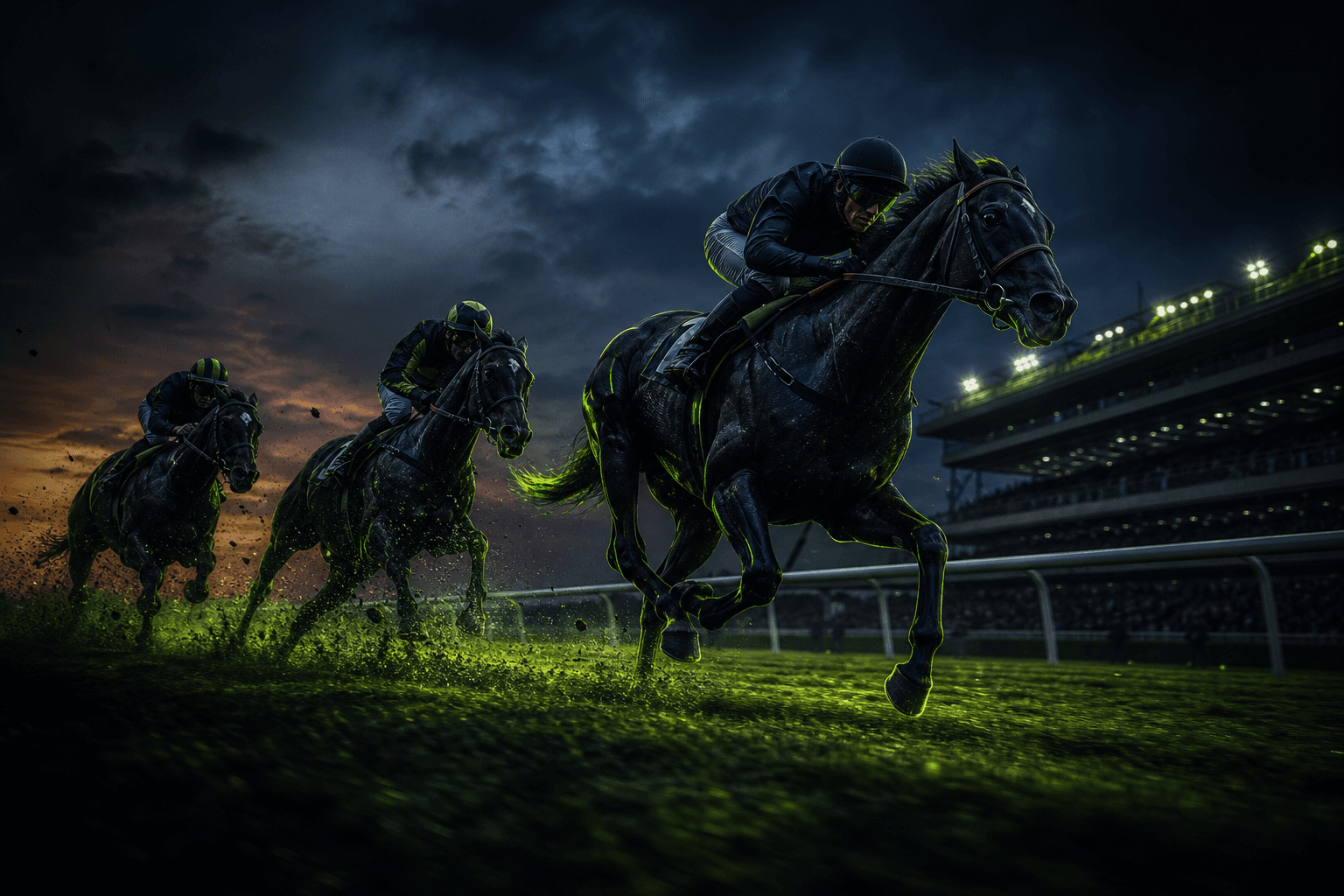 Racehorses galloping at dusk